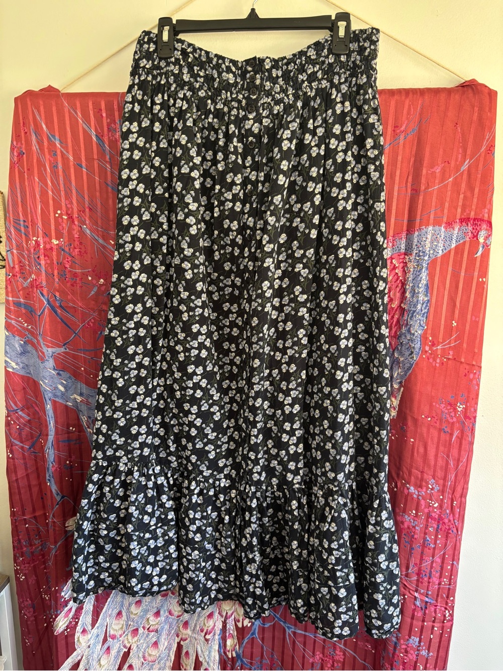 Navy Floral Tiered Maxi Skirt with Elastic Waist